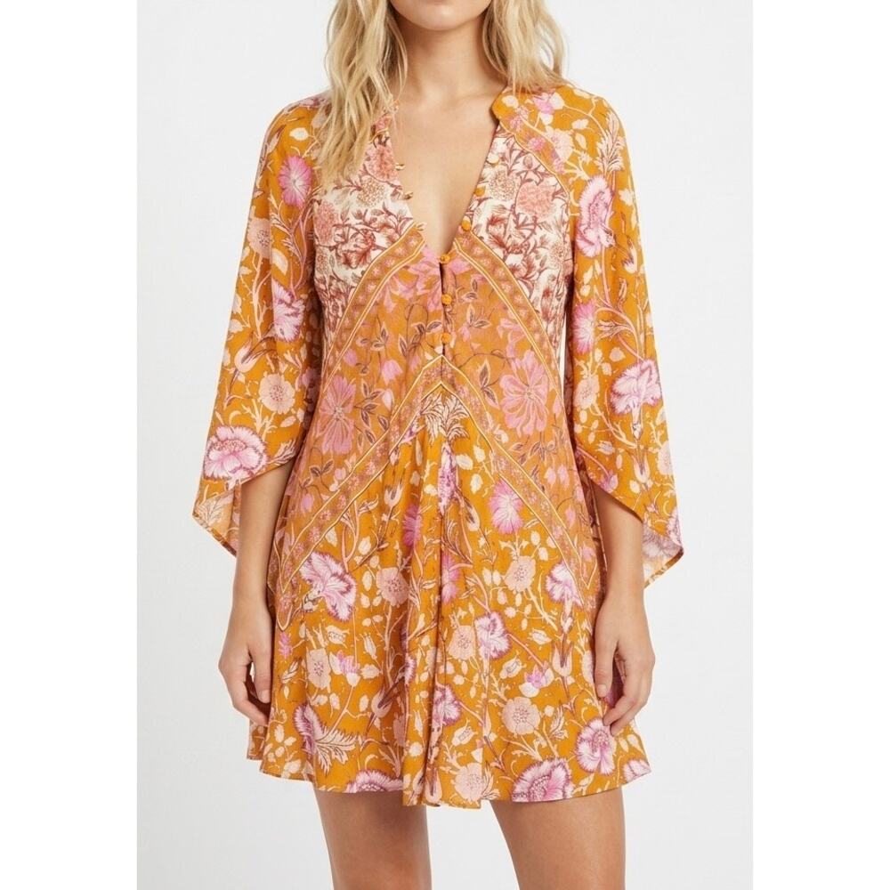 Jen's Pirate Booty Mini Dress Orange Floral Baroque Long Sleeve Size XS